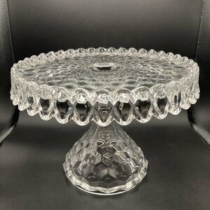 Fostoria American 10” Clear Glass Pedestal Cake Stand Cubist Round Rum Well